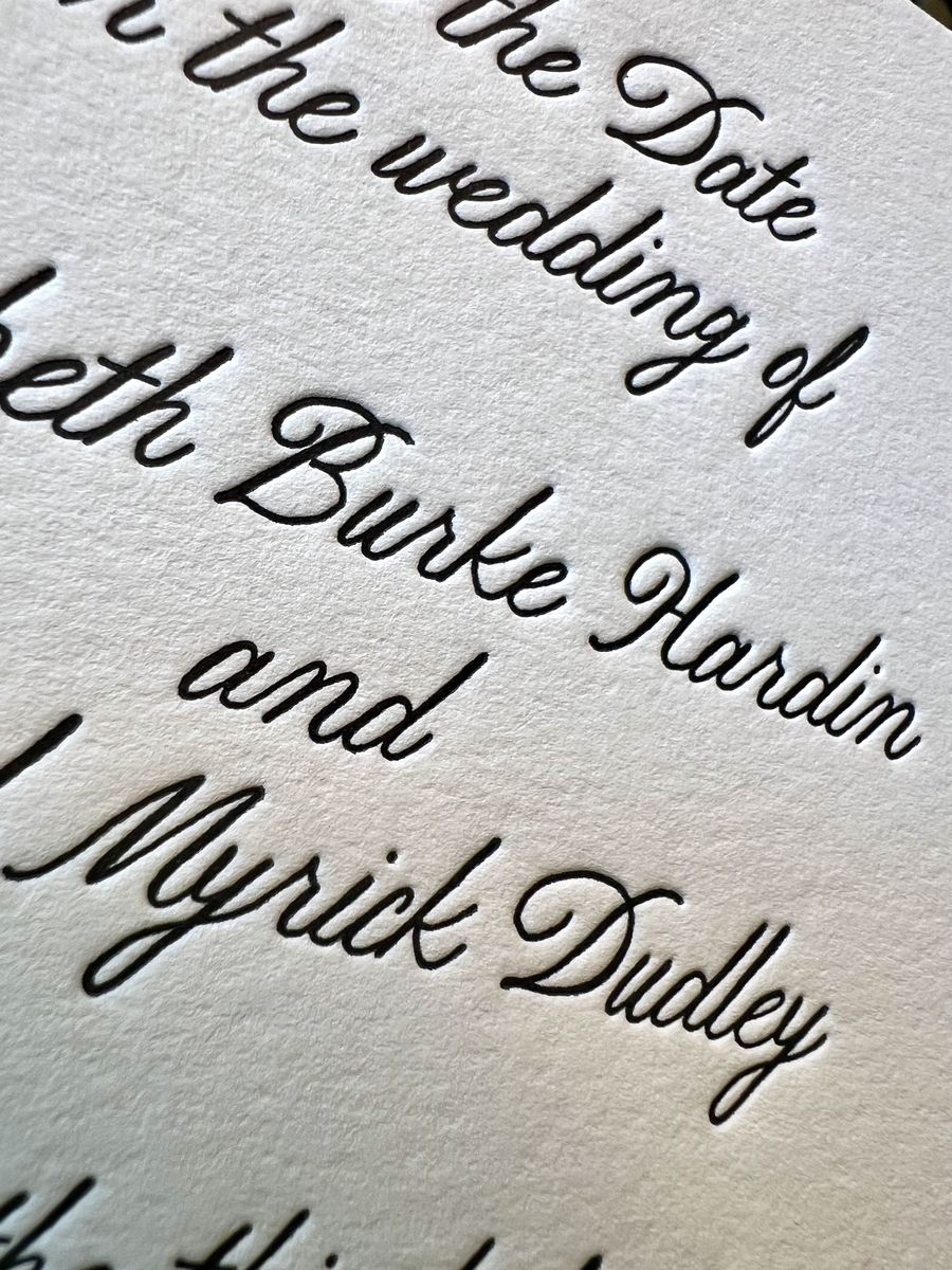 Letterpress save the date in black script on cream cotton paper, image 2 of 6