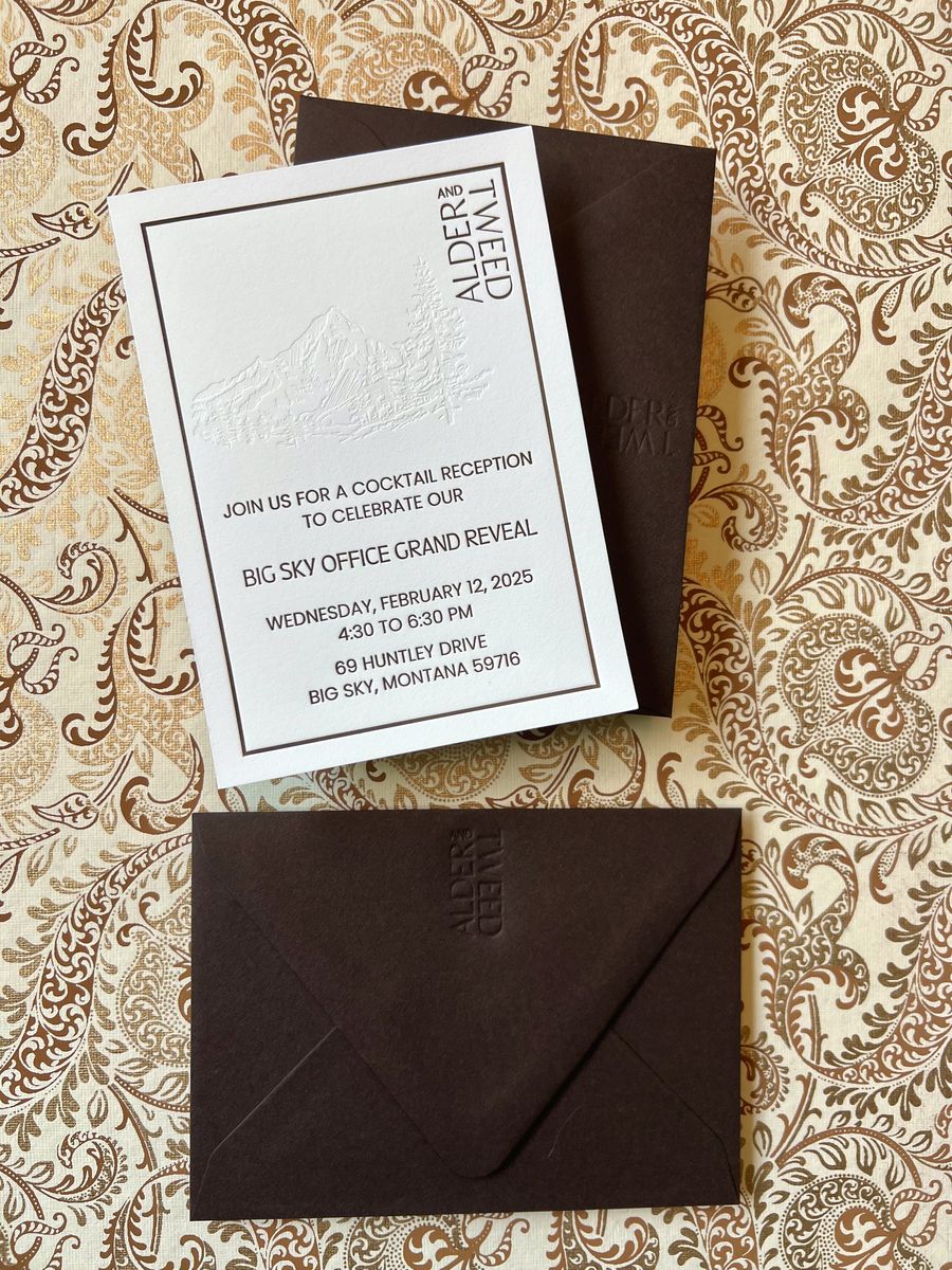 Blind debossed event invitation with a mountain motif and a dark brown envelope, image 2 of 6