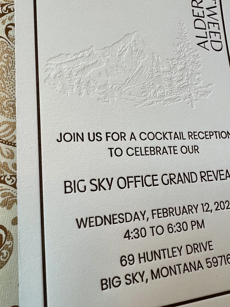 Blind debossed event invitation with a mountain motif and a dark brown envelope, image 1 of 6