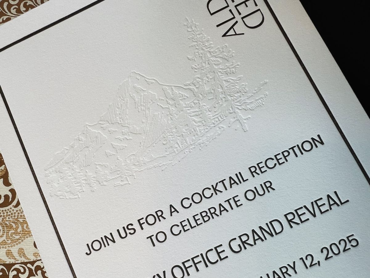 Blind debossed event invitation with a mountain motif and a dark brown envelope, image 4 of 6