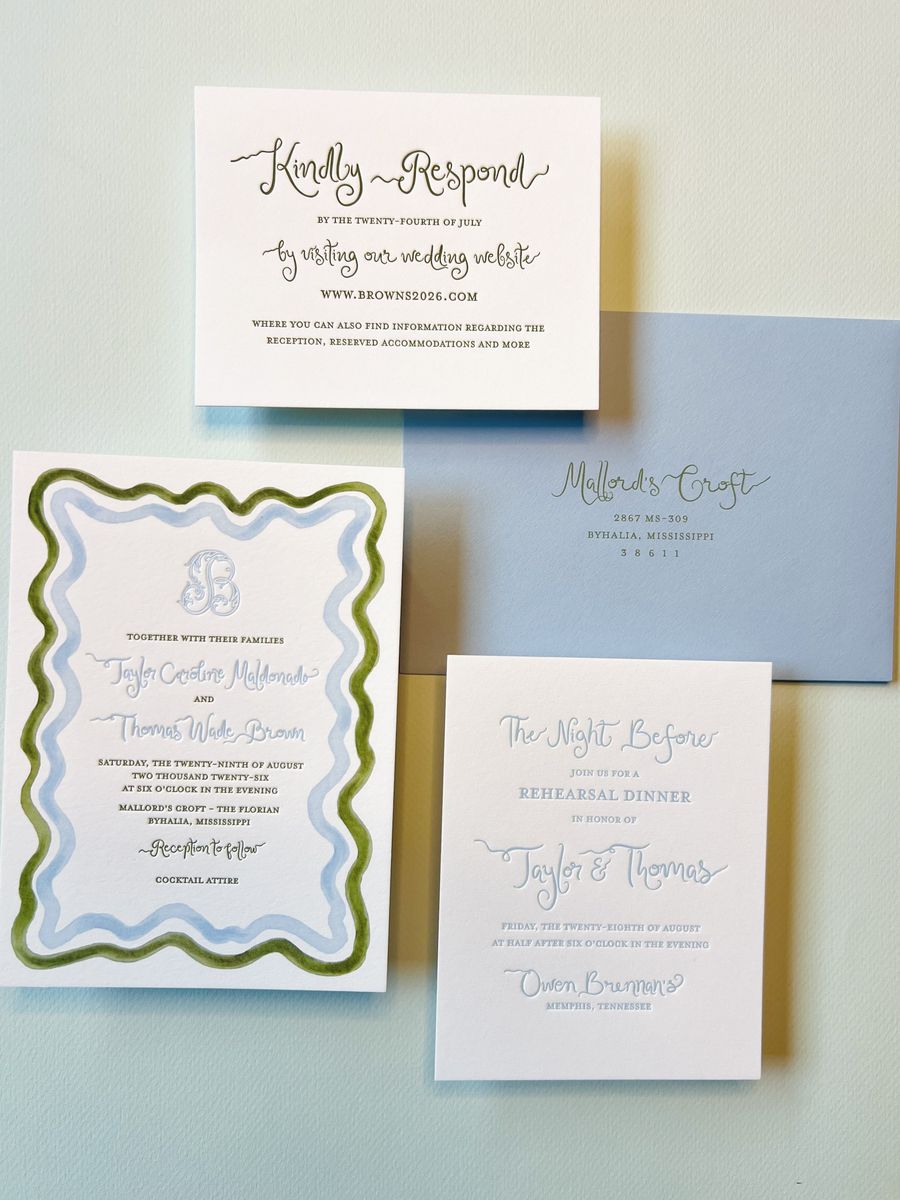 Letterpress wedding invitation suite with a wavy blue and green scalloped border and a monogram, image 2 of 17