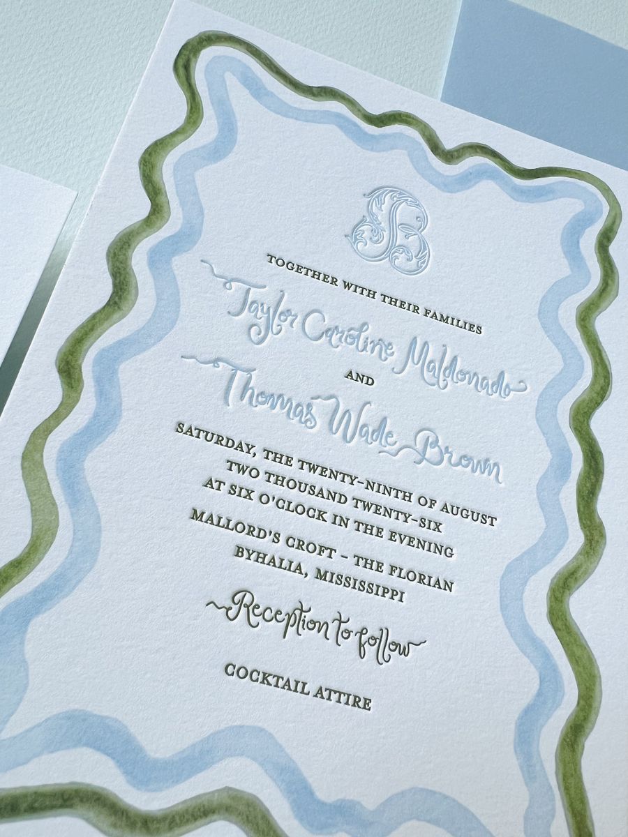 Letterpress wedding invitation suite with a wavy blue and green scalloped border and a monogram, image 3 of 17