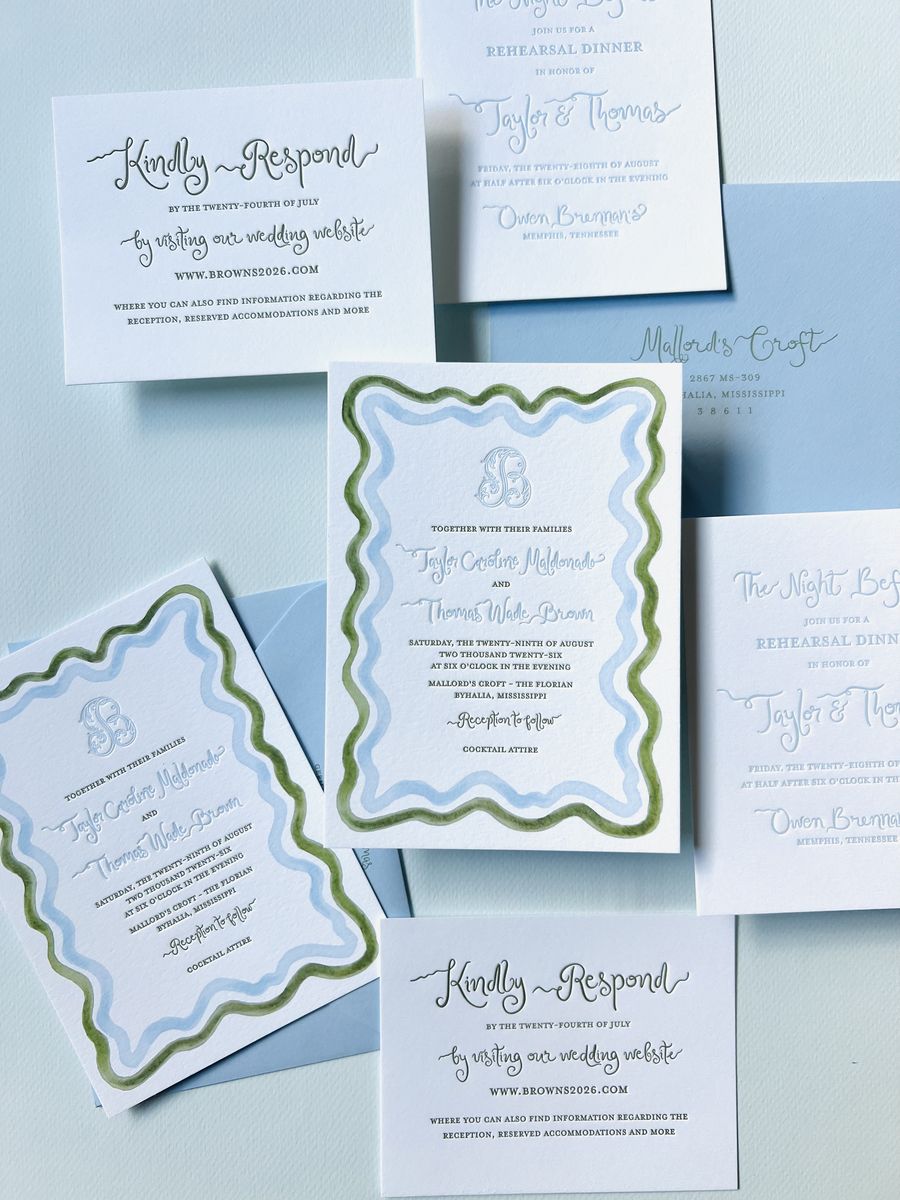 Letterpress wedding invitation suite with a wavy blue and green scalloped border and a monogram, image 12 of 17