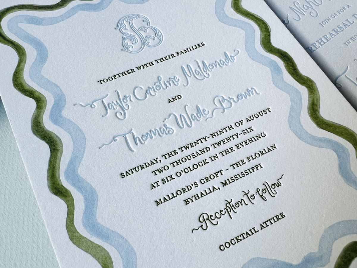 Letterpress wedding invitation suite with a wavy blue and green scalloped border and a monogram, image 5 of 17