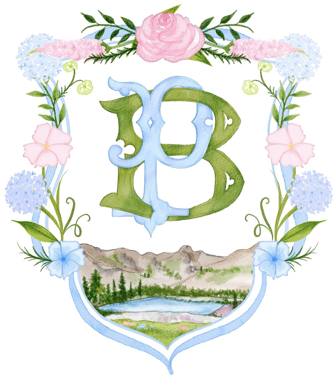 Hand-painted watercolor wedding crest with an interlocking monogram, florals and a mountain lake landscape