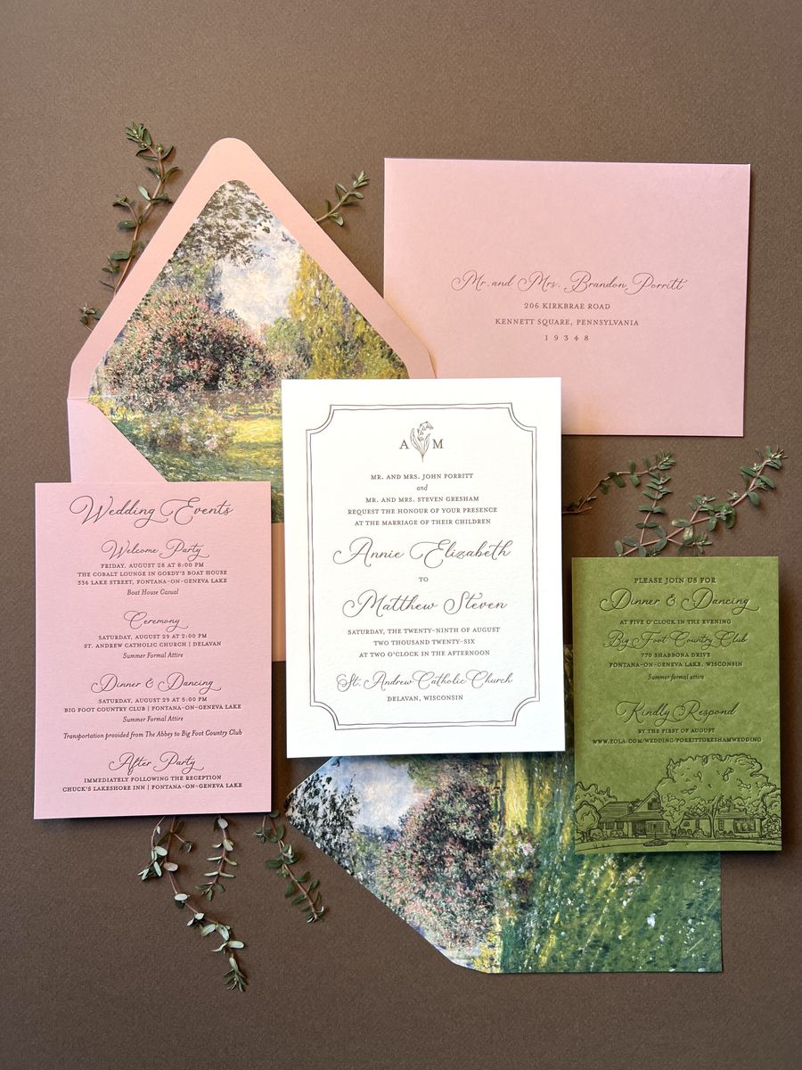 Letterpress wedding invitation suite in pink and green with a painted landscape, image 5 of 8