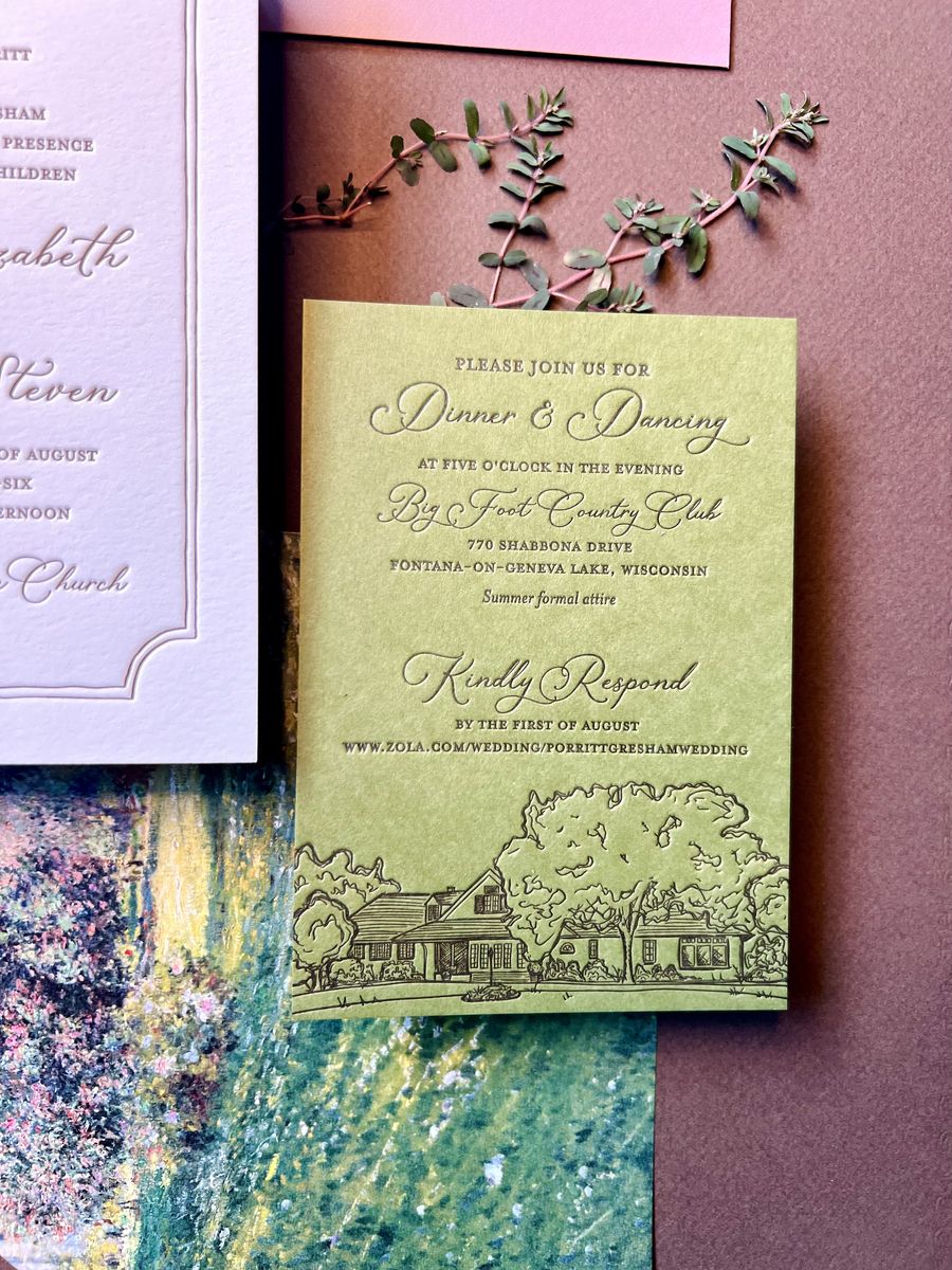 Letterpress wedding invitation suite in pink and green with a painted landscape, image 6 of 8