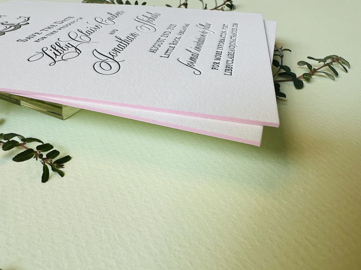 Letterpress save the date with a sage green monogram and a painted edge, image 4 of 5