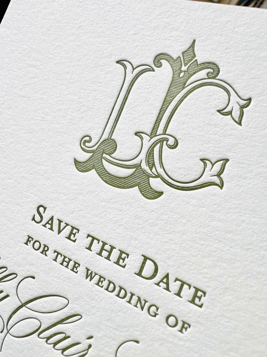 Letterpress save the date with a sage green monogram and a painted edge, image 2 of 5