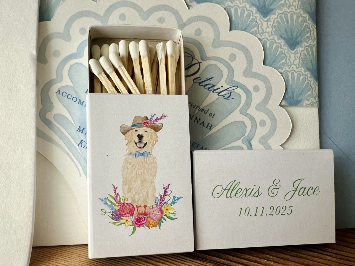Day of stationery in soft blue with a hand-painted watercolor crest, scalloped details and custom matchboxes, image 2 of 3