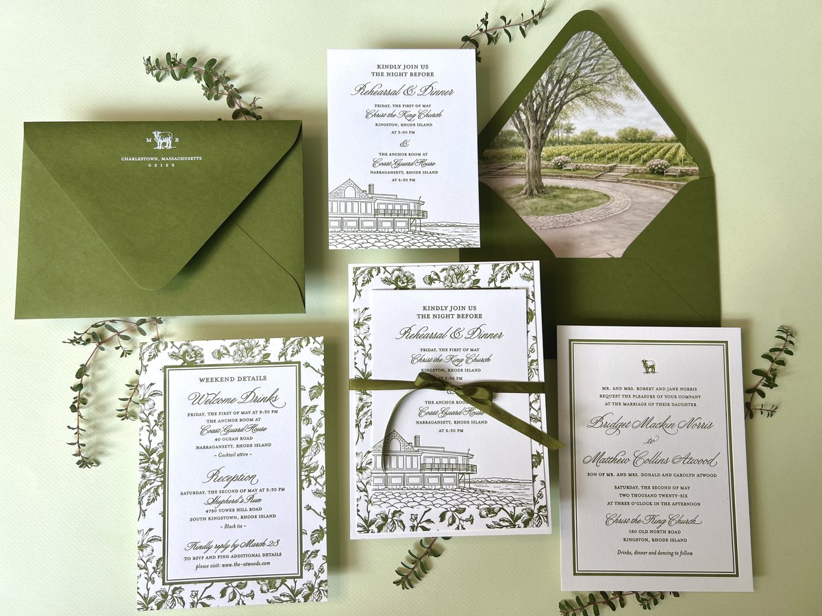 Letterpress wedding invitation suite in olive green with a hand-drawn venue illustration and a botanical border, image 2 of 15