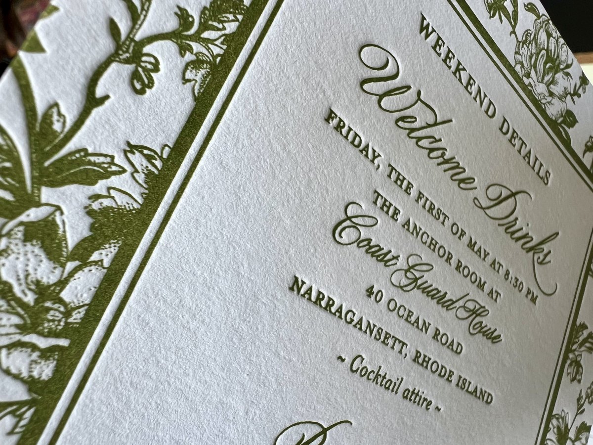 Letterpress wedding invitation suite in olive green with a hand-drawn venue illustration and a botanical border, image 9 of 15