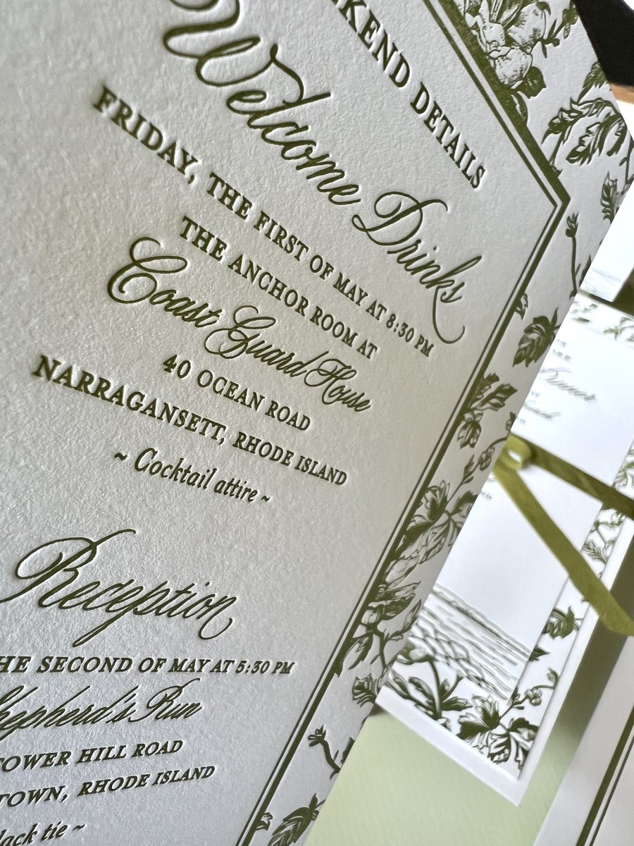 Letterpress wedding invitation suite in olive green with a hand-drawn venue illustration and a botanical border, image 11 of 15