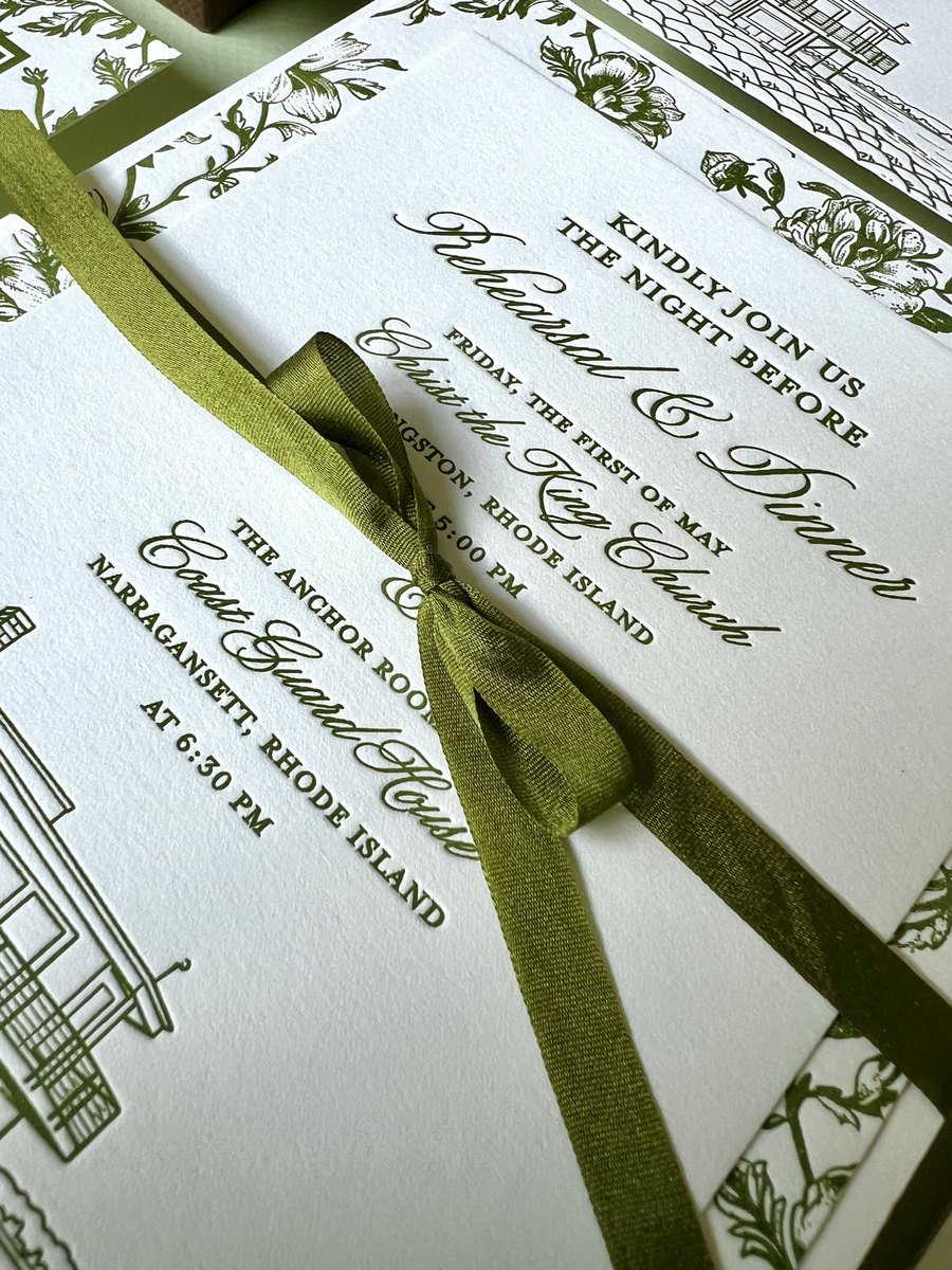 Letterpress wedding invitation suite in olive green with a hand-drawn venue illustration and a botanical border, image 5 of 15