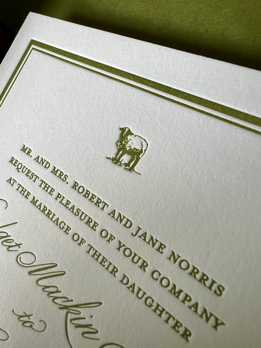 Letterpress wedding invitation suite in olive green with a hand-drawn venue illustration and a botanical border, image 12 of 15