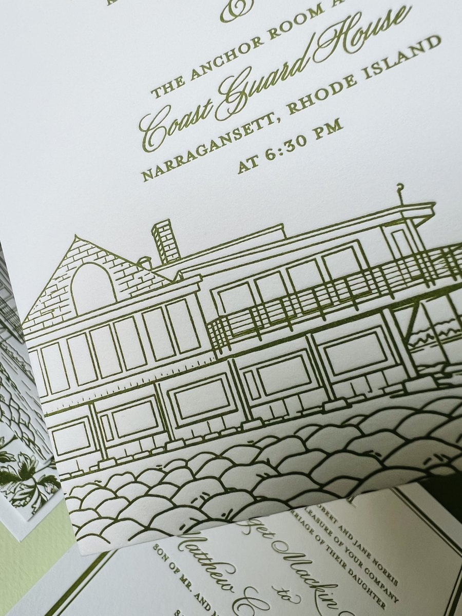 Letterpress wedding invitation suite in olive green with a hand-drawn venue illustration and a botanical border, image 13 of 15