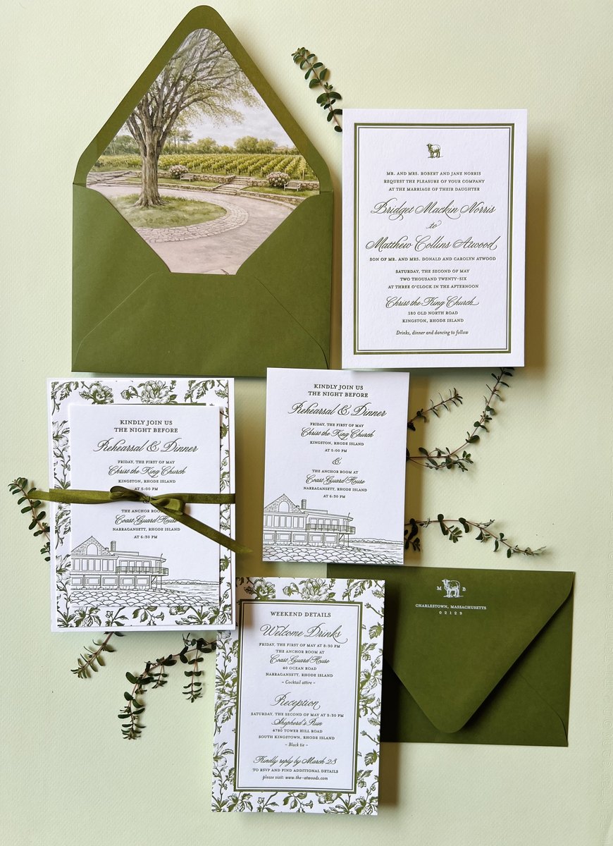 Letterpress wedding invitation suite in olive green with a hand-drawn venue illustration and a botanical border, image 1 of 15