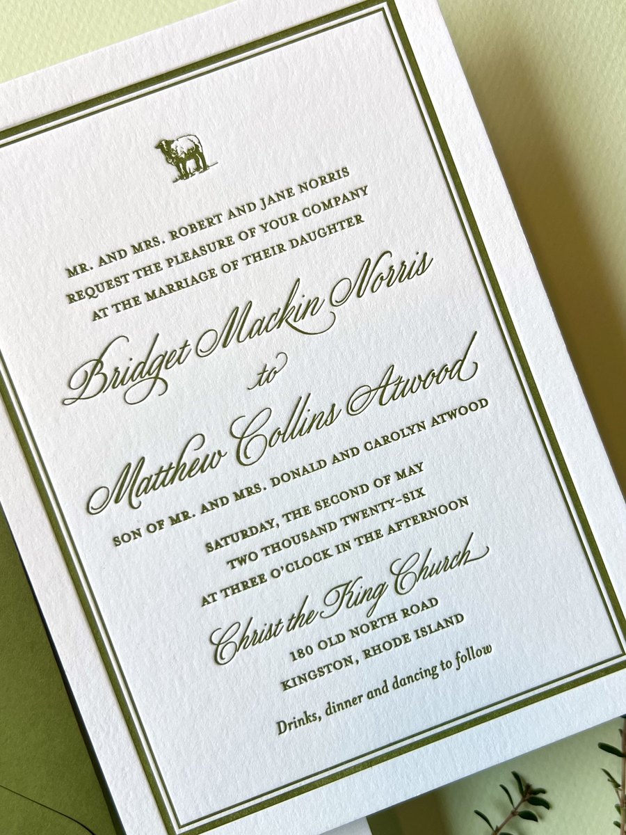 Letterpress wedding invitation suite in olive green with a hand-drawn venue illustration and a botanical border, image 3 of 15
