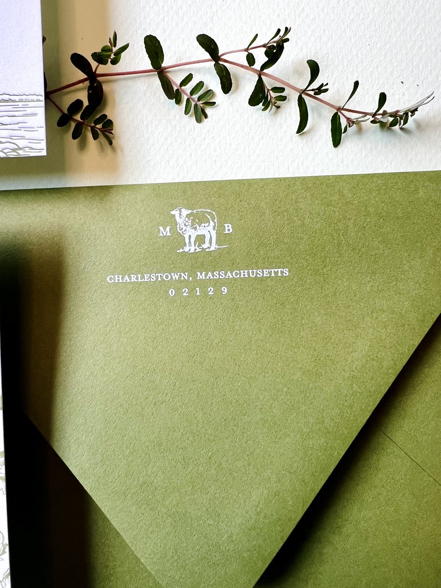 Letterpress wedding invitation suite in olive green with a hand-drawn venue illustration and a botanical border, image 15 of 15