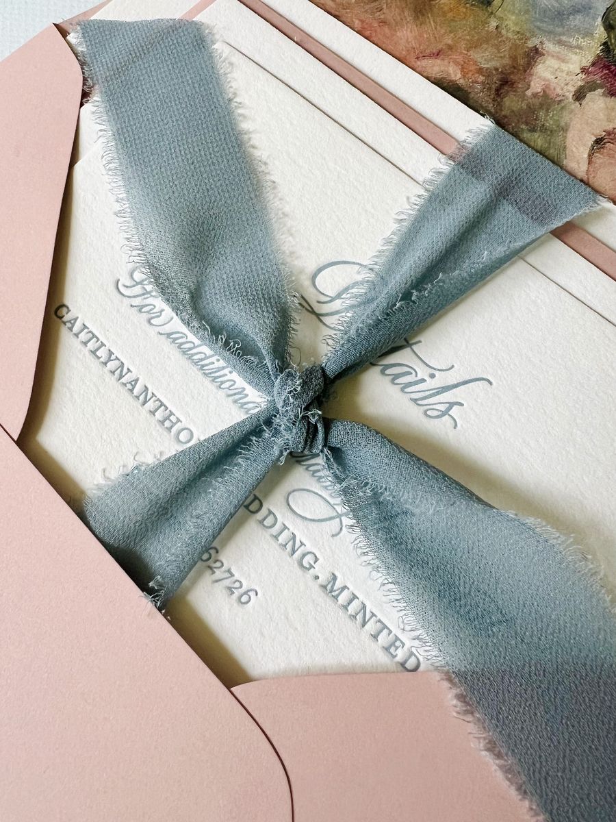 Letterpress wedding invitation suite in dusty blue on cream cotton paper with a blush envelope, image 5 of 6