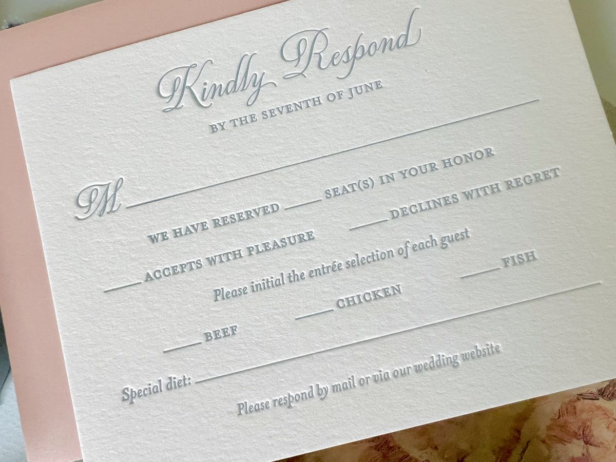 Letterpress wedding invitation suite in dusty blue on cream cotton paper with a blush envelope, image 4 of 6