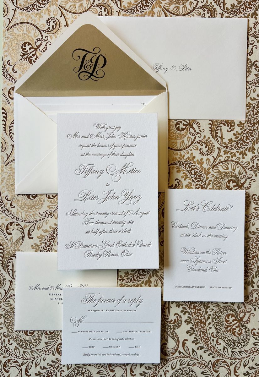 Letterpress wedding invitation suite in gold and cream with a patterned envelope liner, image 2 of 9