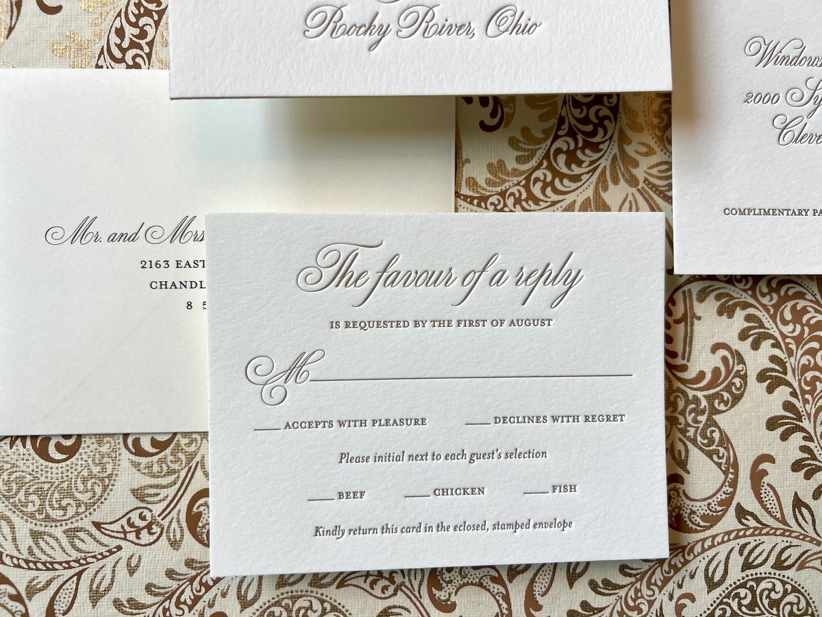 Letterpress wedding invitation suite in gold and cream with a patterned envelope liner, image 4 of 9