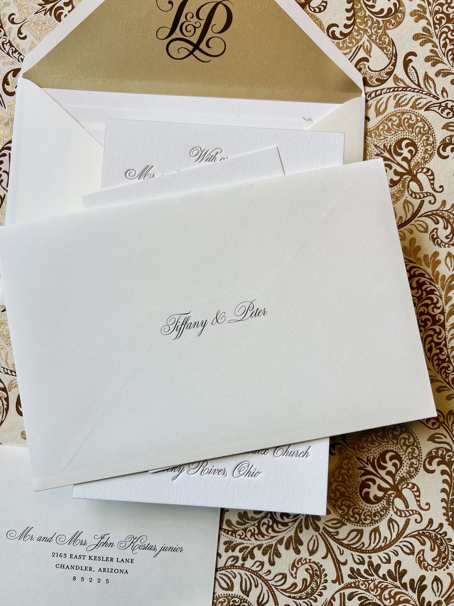 Letterpress wedding invitation suite in gold and cream with a patterned envelope liner, image 7 of 9